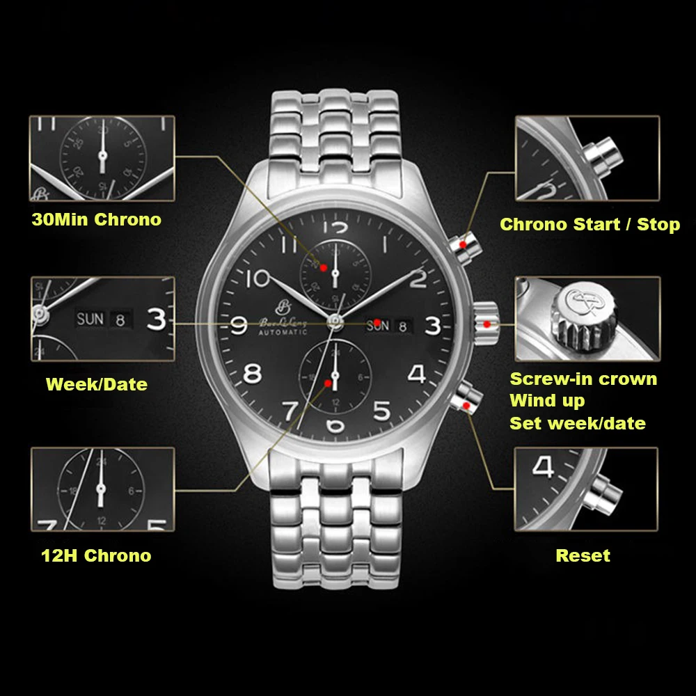 Pilot Watch Men Chronograph Automatic Watches 7750 Chrono Mechanical Wristwatches Retro 46mm Military Air Force Clocks BAOLILONG