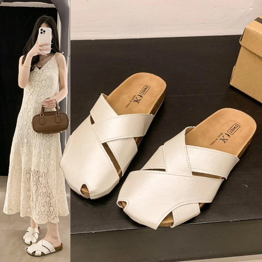 

2025 Summer Women's Slippers Fashionable Buckle Strap Flat Sandals Square Toe Design Breathable Sandals Flip Flops