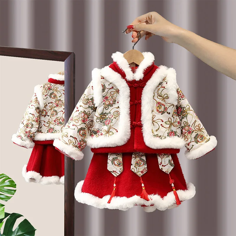 

Новогодний костюм для девочек, зимняя одежда в стиле хань для девочек на Новый год, детский костюм в китайском стиле, одежда для выступлений