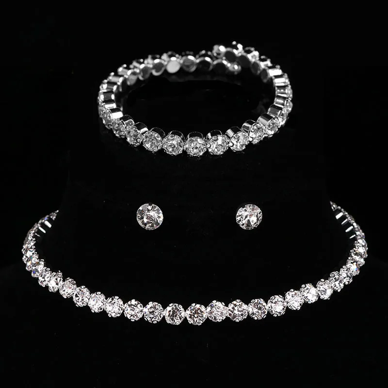 Luxus Runde Kristall Schmuck Set für Frauen Charme Silber Farbe Armband Stud Ohrring Zirkon Kette Halskette Hochzeit Schmuck