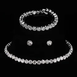 Luxury Round Crystal Jewelry Set for Women Charm Silver Color Bracelet Stud Earring Zircon Chain Necklace Wedding Party Jewelry