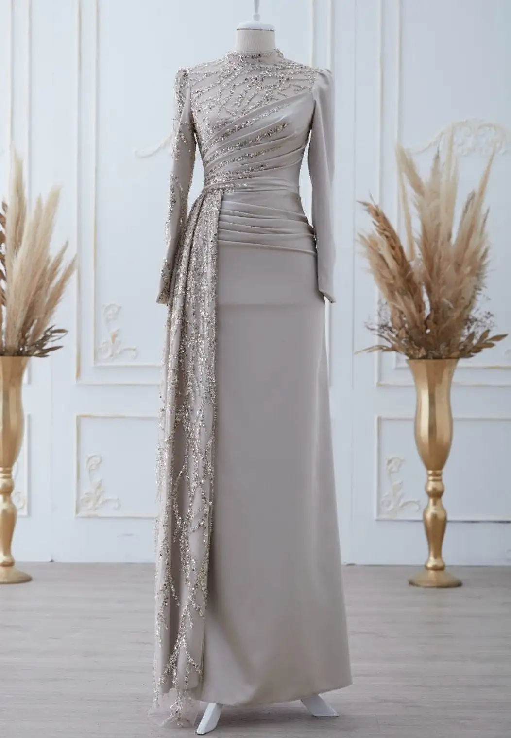 Satin Muslim Long Evening Dress Full Sleeves Appliques Sequin High Neck Formal Occasion Dresses Abiye Robe Soiree Vestidos Noche