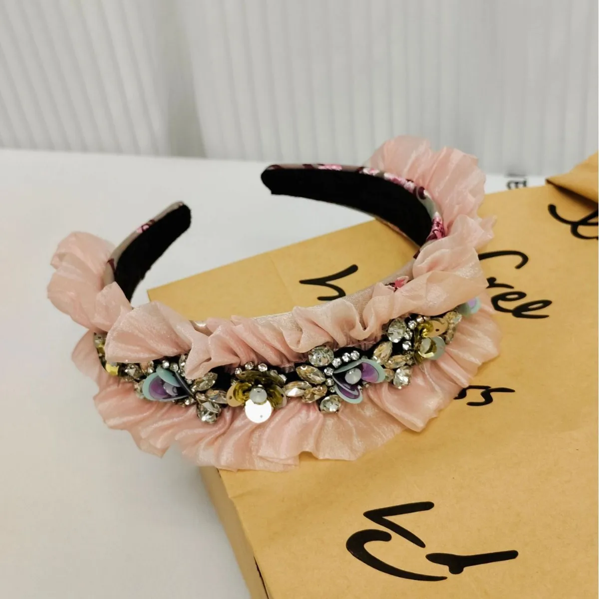 Spring new product fungus edge heavy industry hand sewn drill headband light travel high cranial top headband diamond lace press