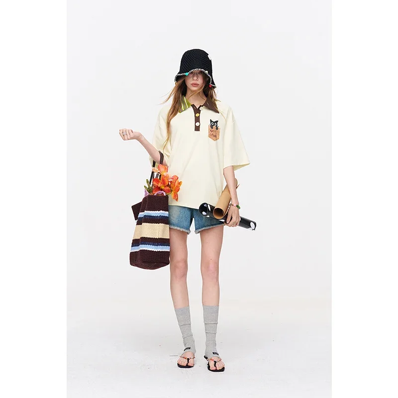 ELFSACK Cat Pocket Polo T-Shirt, Color Block Collar Oversized Tee with Cute Embroidery