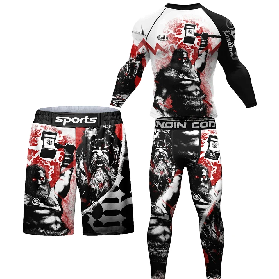 Men MMA BJJ Rashguard T Shirt+Pant Set Muay Thai Boxing Sweat Suit Compression Sportswear Gym Clothing Fitness Running Tracksuit