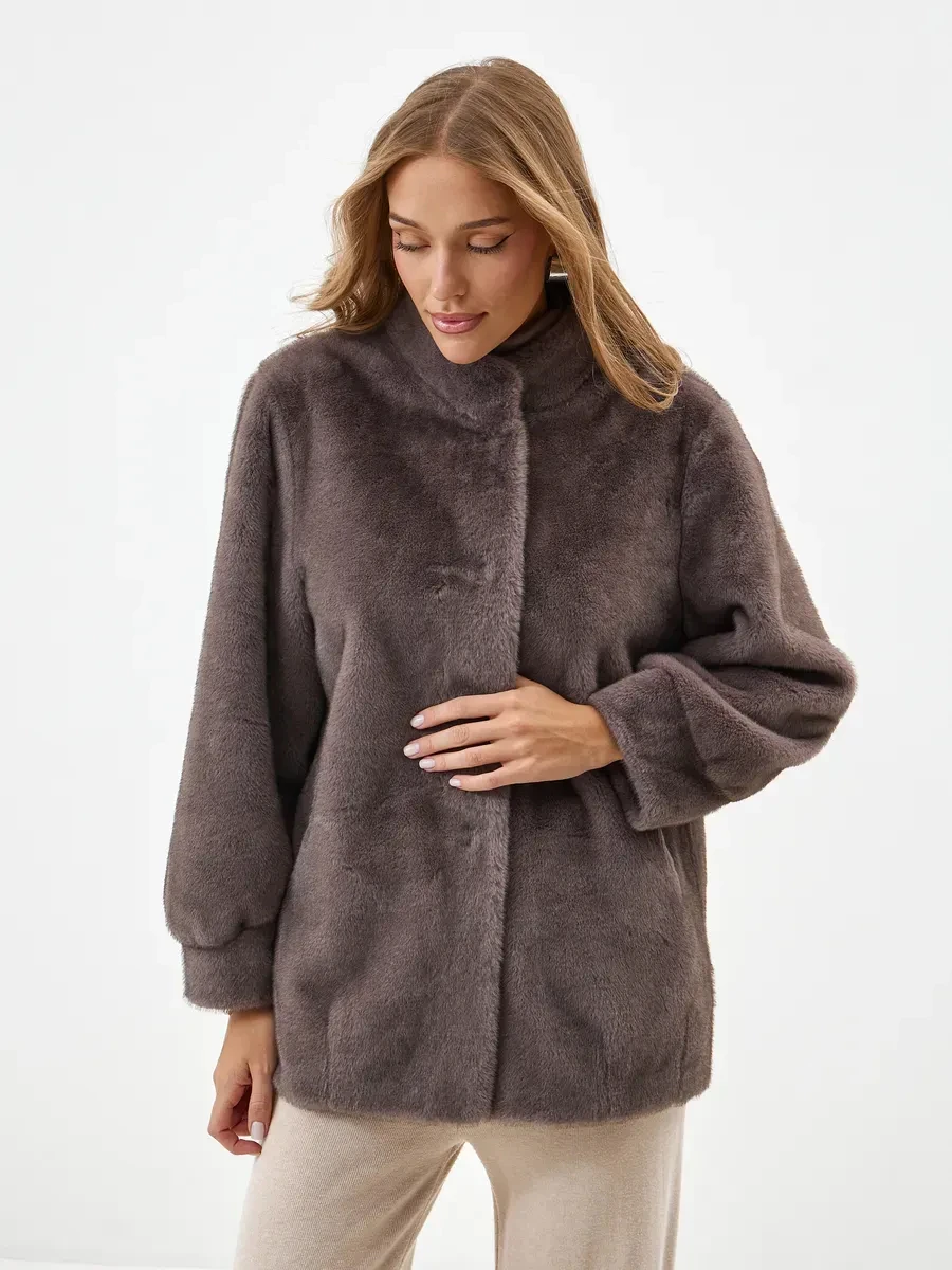 Women Winter Faux Fur Coat 2026 Warm Fluffy Jacket Stand Collar Hidden Button Plush Overcoat Chic Mocha Outerwear
