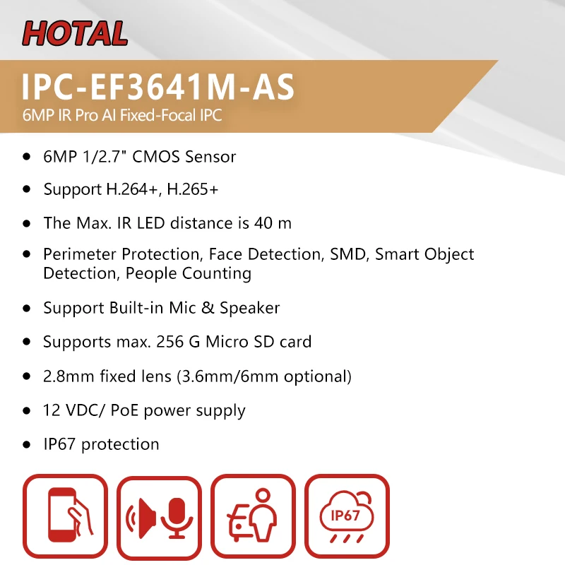 6MP Fixed-Focal IP Camera IR 40m Two-way Talk Perimeter Protection Face& Object Detection People Counting IP67 PoE SD Card Slot