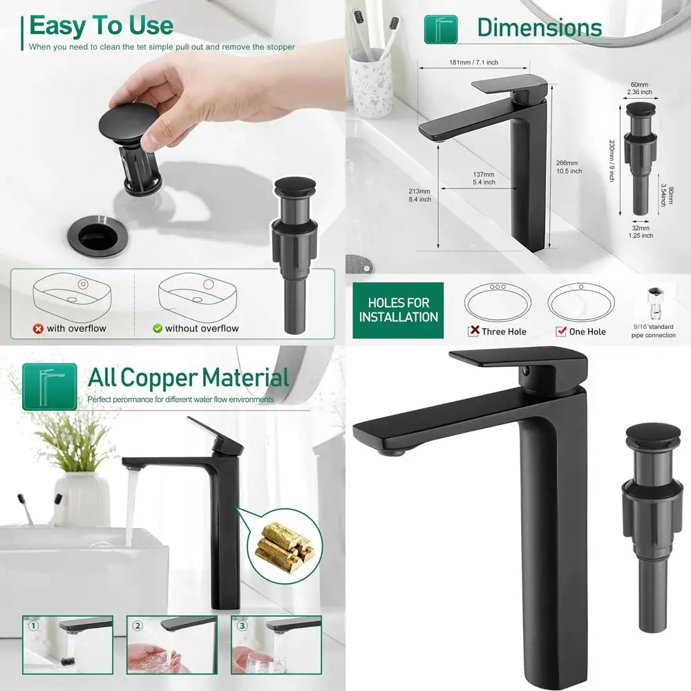 

Matte Black Tall Single Handle Bathroom Sink Faucet with 1 Hole Basin Mixer Tap, Water Supply Hose & Pop-Up Drain