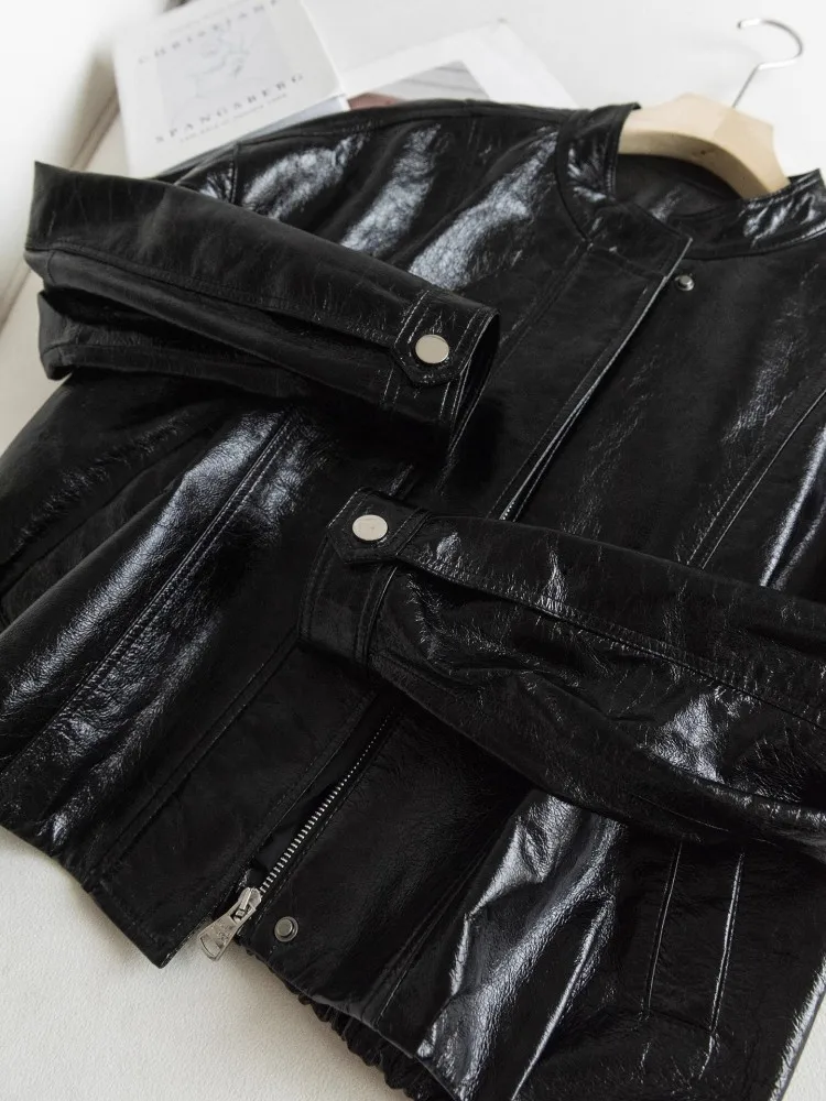 Autumn Winter Oil Wax Cowhide Women Jacket Genuine Leather Black Coat Fashion Casual Stand Collar Jackets Office Lady Outerwear