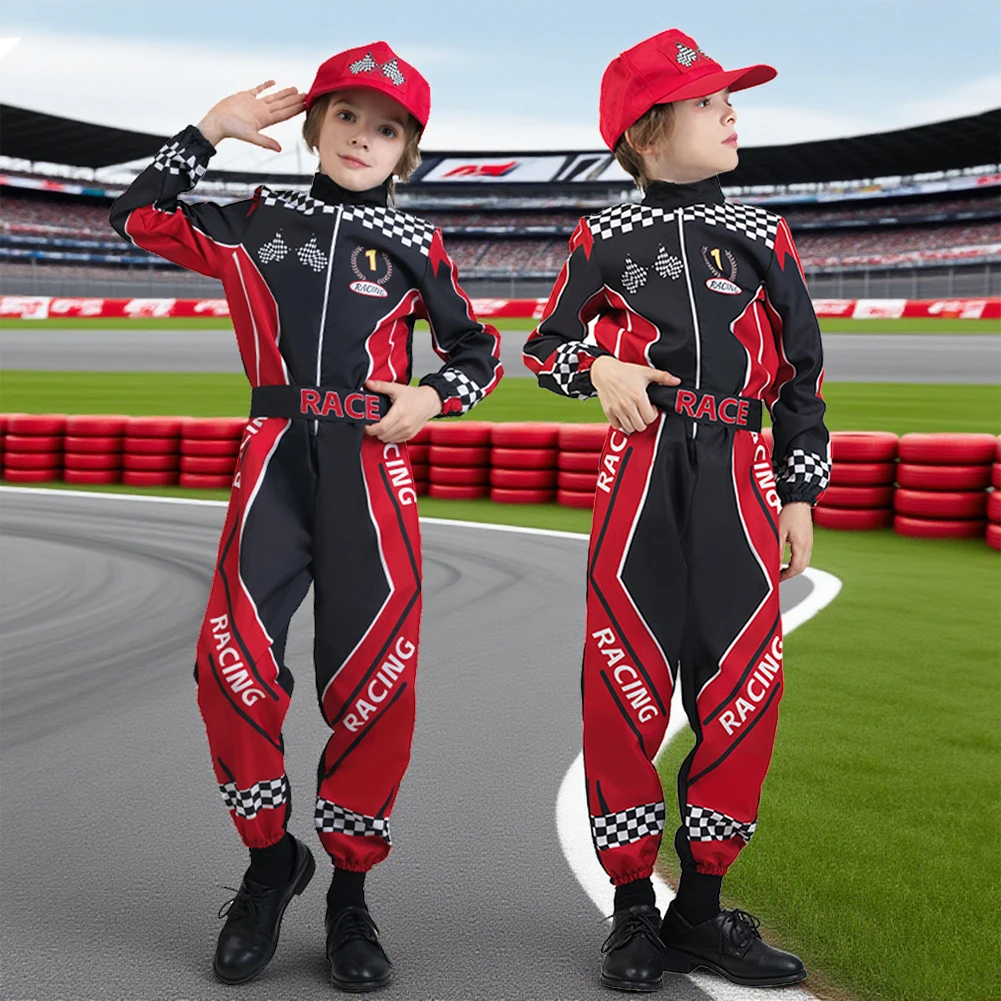 لولانتا 5 قطع زي سباق السيارات للأطفال الأولاد بذلة المتسابق مع قبعة الوظيفي فستان ملابس الهالوين 4-12 سنة #4