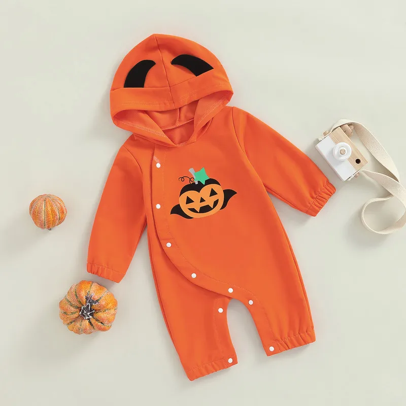 Halloween Baby Girl Boy Romper Autumn Clothes 2022 Cute Cartoon Pumpkin Printed Buttons Long Sleeve Hooded Jumpsuit Clothes