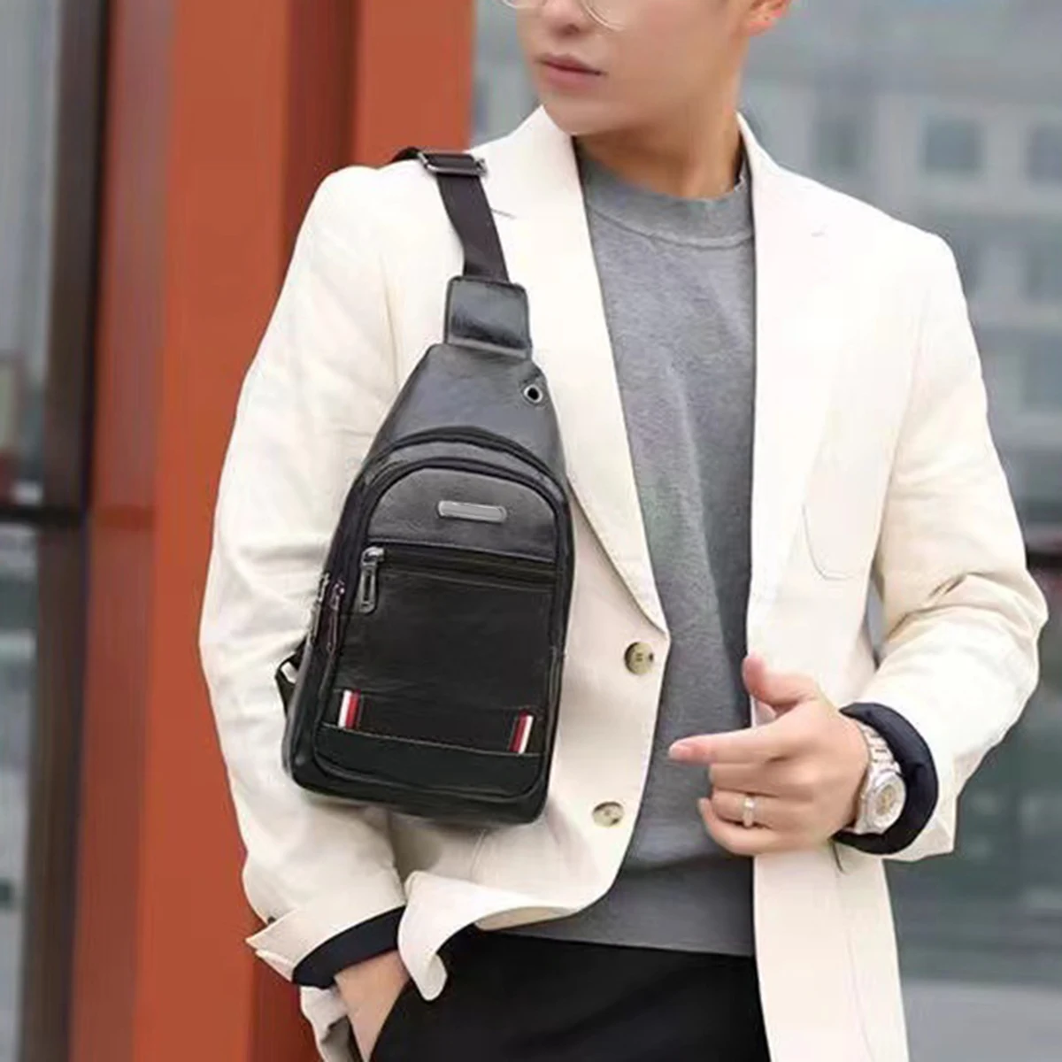 

New Chest Bag Men'S Casual Fashion Soft Leather Shoulder Messenger Bag Student Travel Trendy Chest Messenger Bag