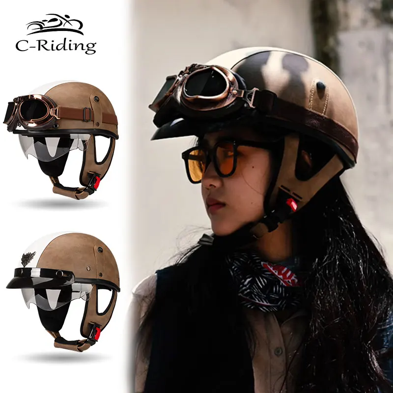 DOT Certification Retro Motorcycle Helmet Half Face Moto Helmet Scooter Vintage Biker Motorbike Moto Helmet With Sunglasses