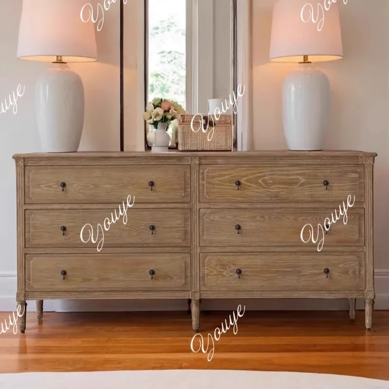 

J American Vintage Solid Wood Carved Chest Of Drawers French Log Color Storage Cabinet Bedroom Bedside Cabinet Living Room Stora