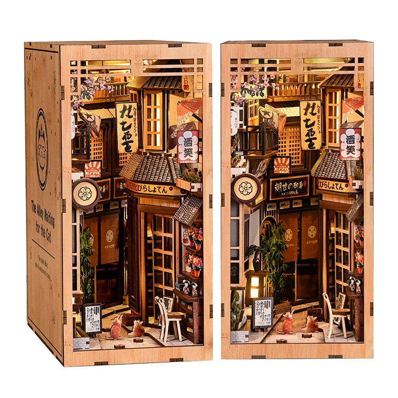 DIY Wooden DollHouses Book Nook Shelf Insert Kits Miniature Model Kits The Alley Waiting For The Cat Bookend For Friends Gifts