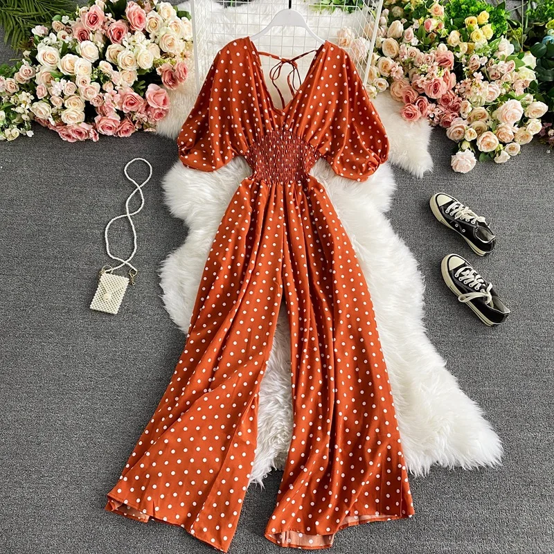 Women Wide Leg Trousers Jumpsuit V Neck Sexy Dolman Sleeves Waist Slim Polka Dot Print Jumpsuit