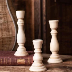 1 PCS Classic Candlestick Holder Vintage Unpainted Candle Holder Simple Retro Wooden Pillar Candle Stand