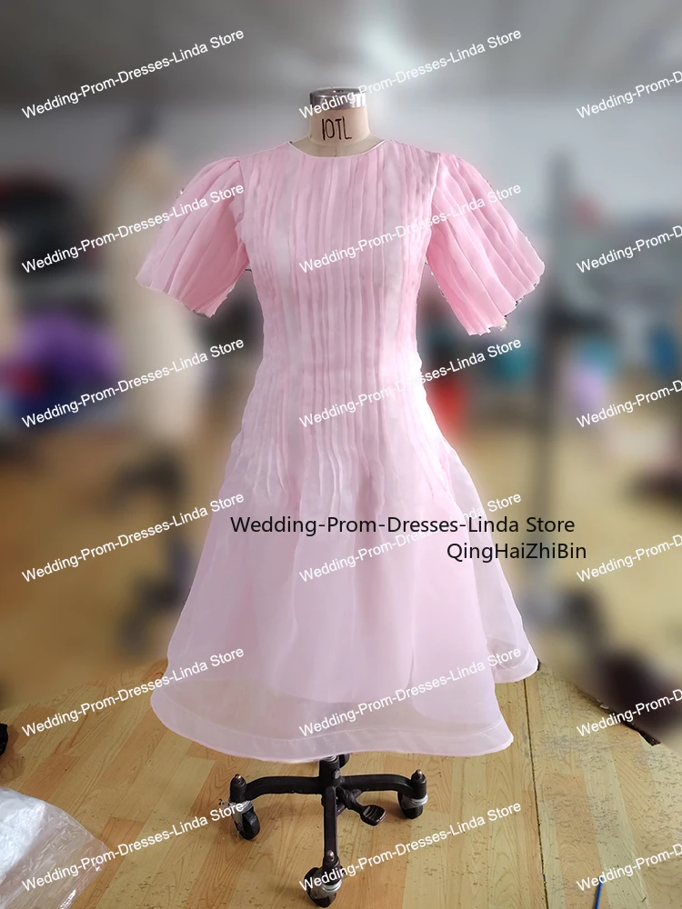 Pink O-Neck A-line Tea-Length Organza Form Evening Dresses for Women Prom Gowns Birthday Party Dress 2024 Customized