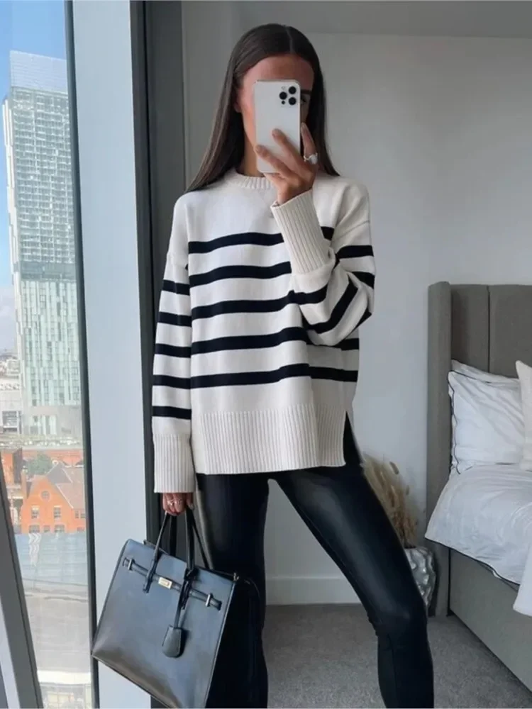 

Stripe Knit Sweater Long Sleeve Knitted Pullover Tops Jumper Streetwear White Sweaters 003