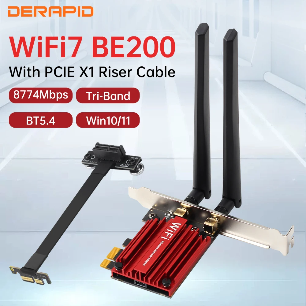 

WiFi 7 BE200 8700M PCIe Card Bluetooth 5.4 Трехдиапазонный беспроводной сетевой адаптер для настольных ПК Win с Riser-кабелем или USB-разъемом