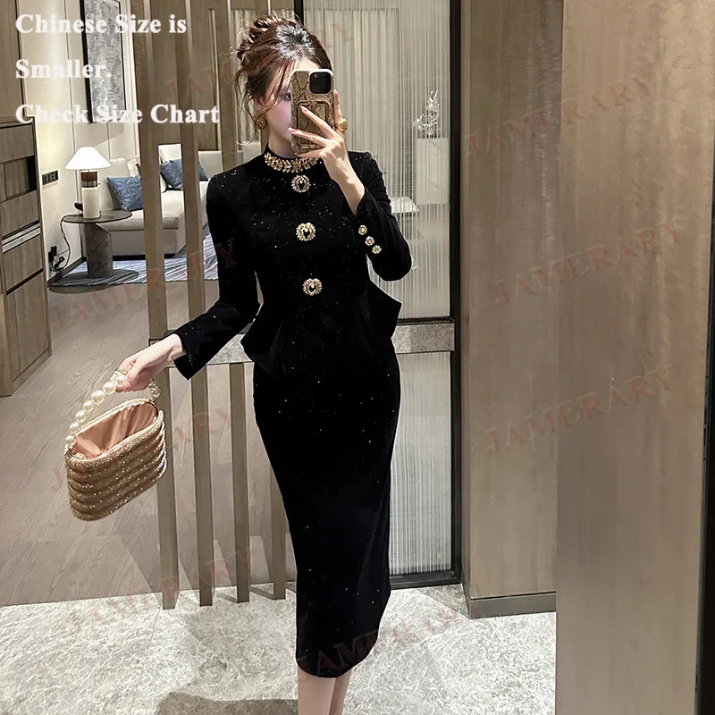 Retro Autumn Velvet Dresses Women Hepburn Style Beading Vintage Long Sheath Dress Office Lady Brand Runway Winter Clothing