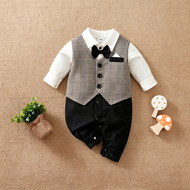 

Newborn Baby Boys Spring Autumn Plaid Fake Vest Gentleman Romper Pure Cotton A‑Class Safe Soft Breathable Jumpsuit 0‑18M
