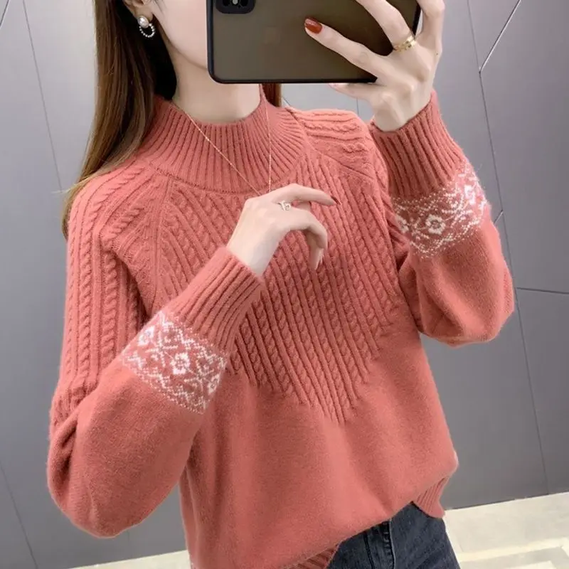 Women Knitted Embroidered Sweater Half Turtleneck Long Sleeve Pullover Autumn Winter Clothing Jumper Tops Femme Bottoming Shirt