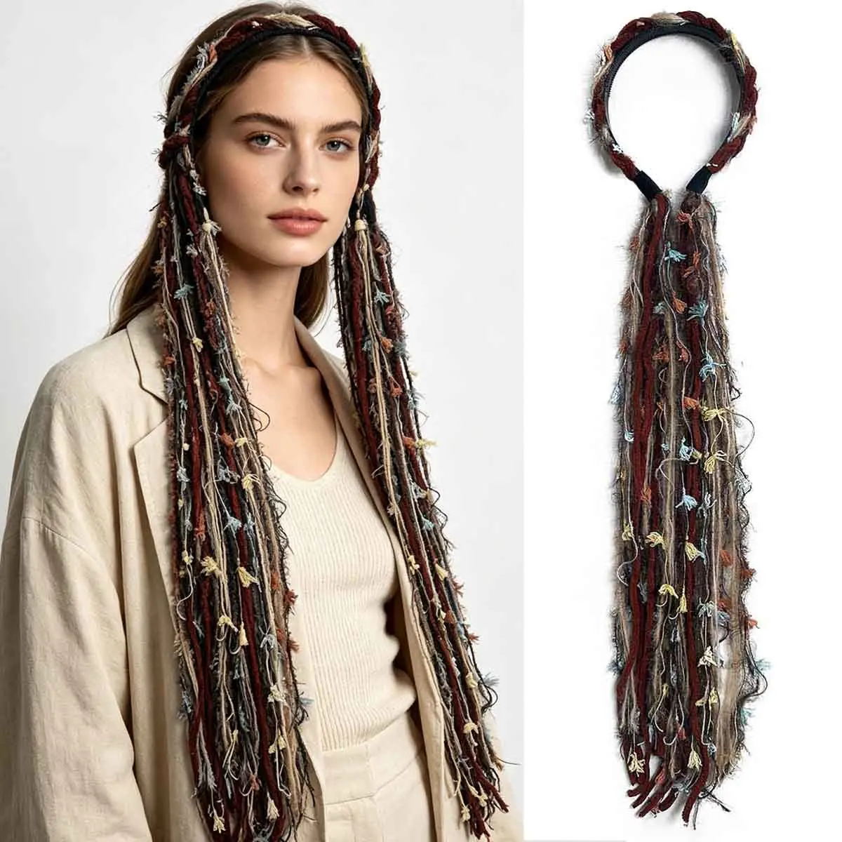 Synthetic Handmade Boho Yarn Tassel Dreadlock Headband for Women Vintage Hippie Long Fringe Hair Band Ethnic Braided Headwear
