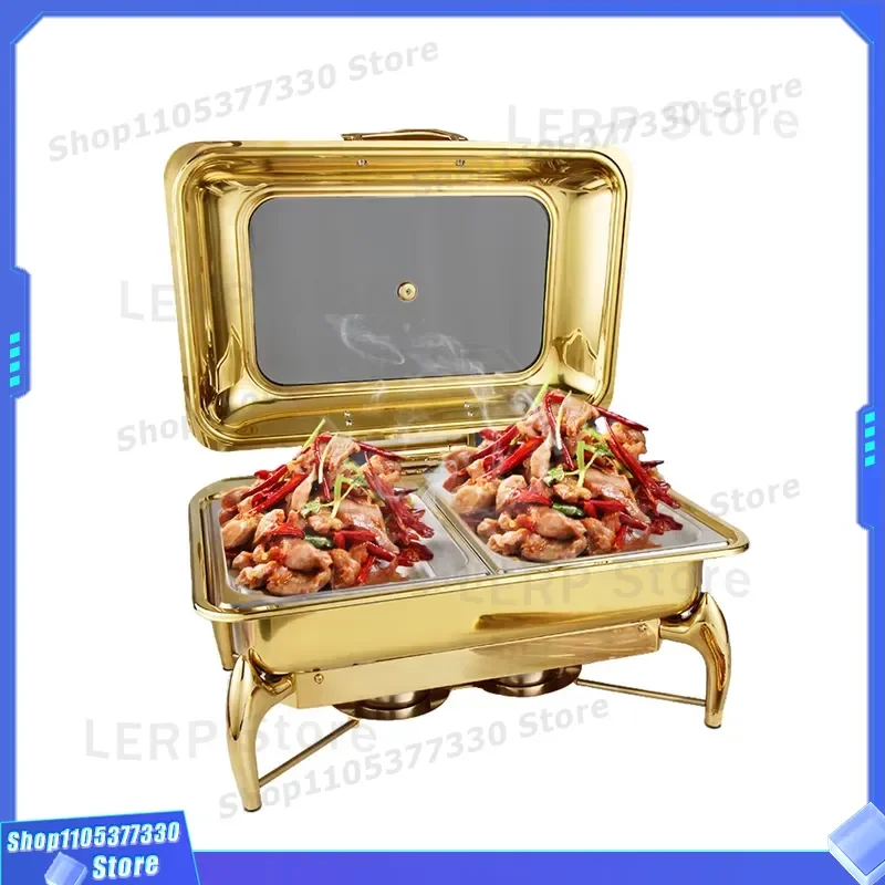 9L Rectangular Stainless Steel Electric Food Warmer Gold Hydraulic Hot Pot Buffet Set for Hotel Wedding Party Gas Heating