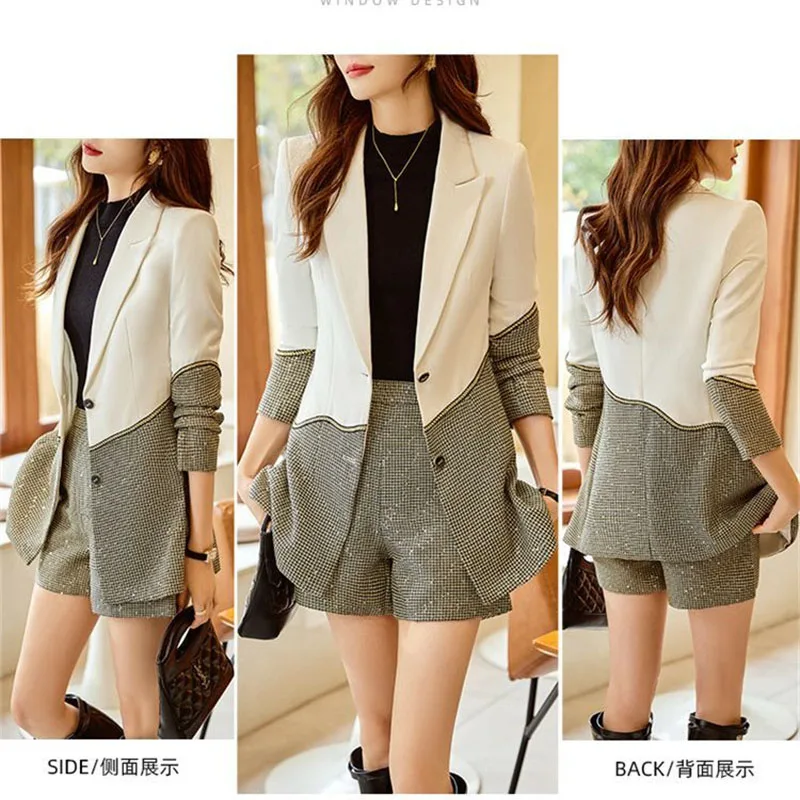 Contrasting Color Blazer Jacket Female 2024 New Spring And Autumn Two Piece Set Design Sense Niche Stitching Suit+Shorts Suit