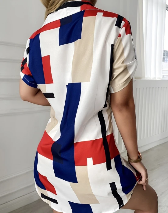 100pcs in stock women's V-neck short sleeved printed Mondrian casual skirt (shipped within 48 hours)