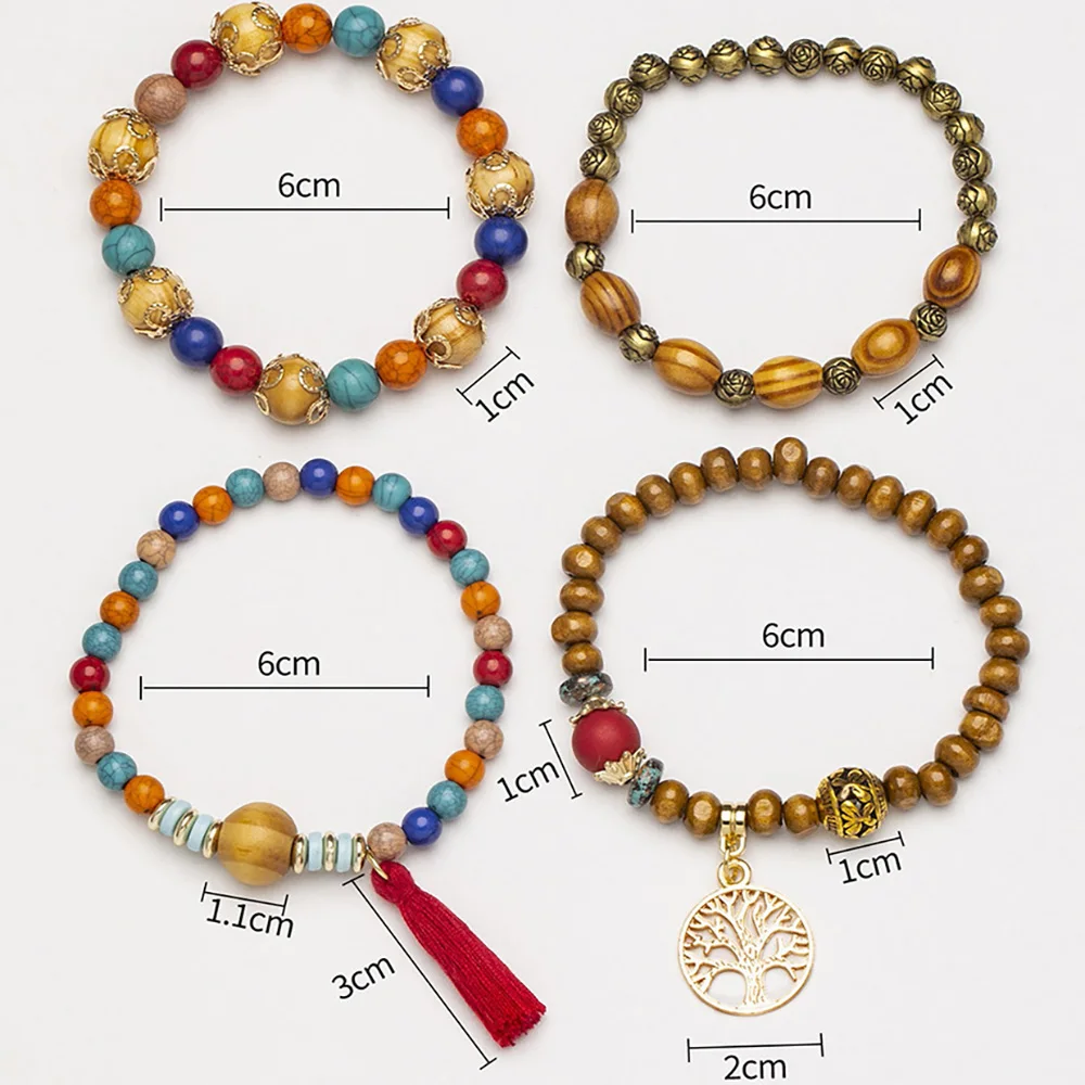 4Pcs/Set Wood Beads Chain Bracelet Set For Women Tree Of Life Charm Rose Flower Handmade Bangle Girls Bohemian Jewelry Gift