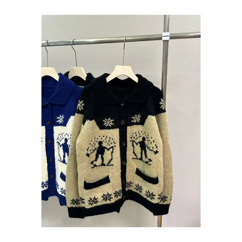 Kardigan dziergany, damska indyjska kurtka żakardowa o drobnym kroju, sweter z wełny alpaki zapinany na jeden guzik, jesień/zima 2025