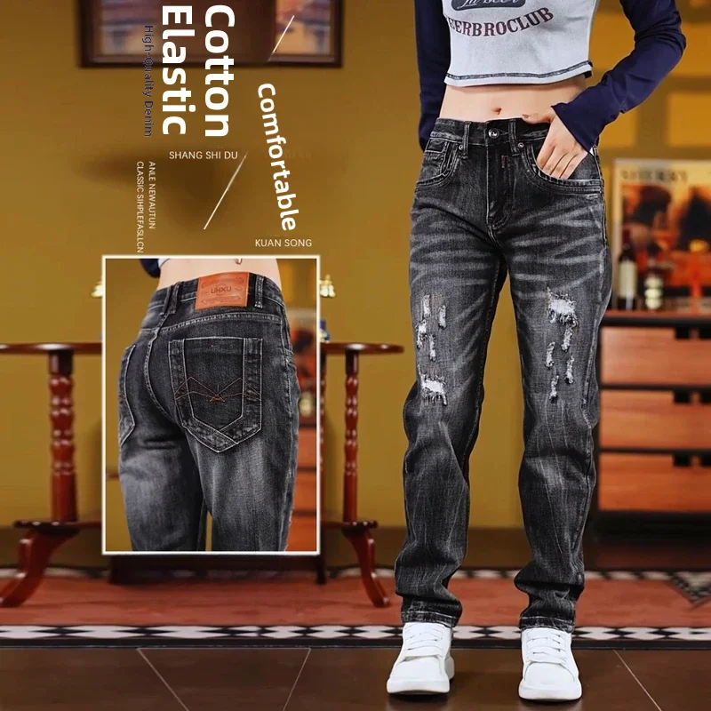 

Новые мужские джинсы из денима с нашивками и прорезями, эластичные, прямого кроя, в стиле ретро, зауженные, универсальные, модные, повседневные, из хлопка