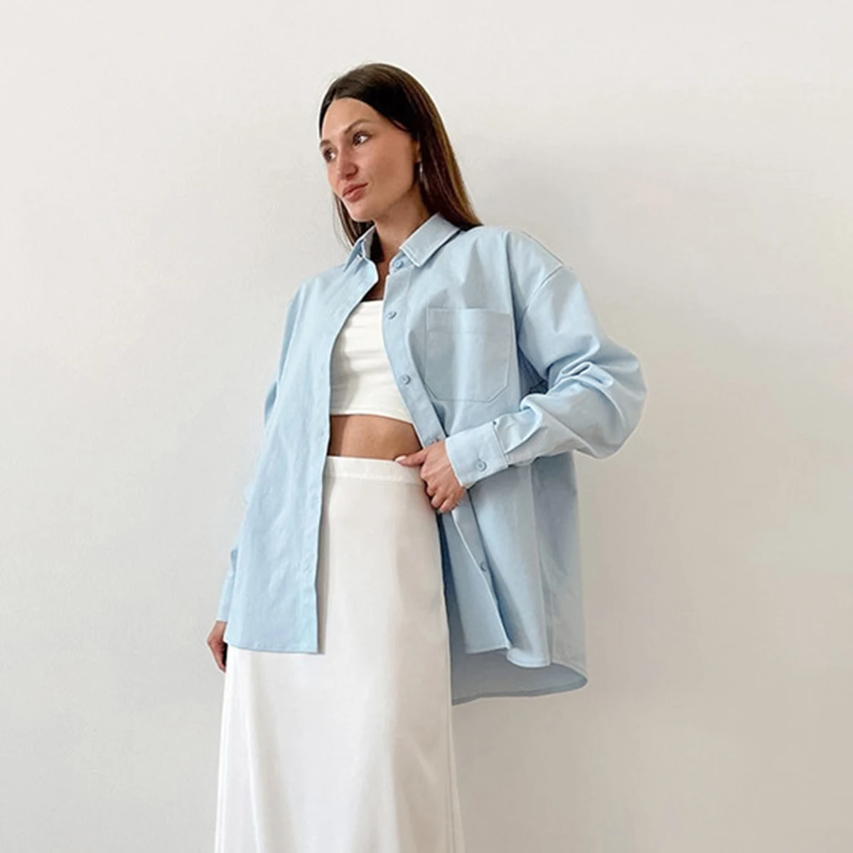 

Женская однотонная свободная рубашка, летняя одежда 2024, модные рубашки с длинными рукавами и лацканами, блузка, офисные женские повседневные топы, уличная одежда