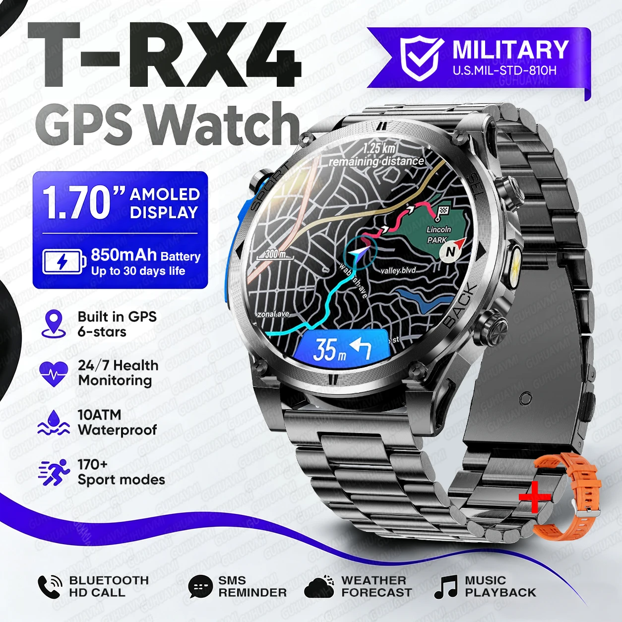 2026New Military T-RX4 Built in GPS Outdoor Smart Watch 10ATM Waterproof Compass 850mAh Battery 1.7”AMOLED Sports Fitness Clock image 3