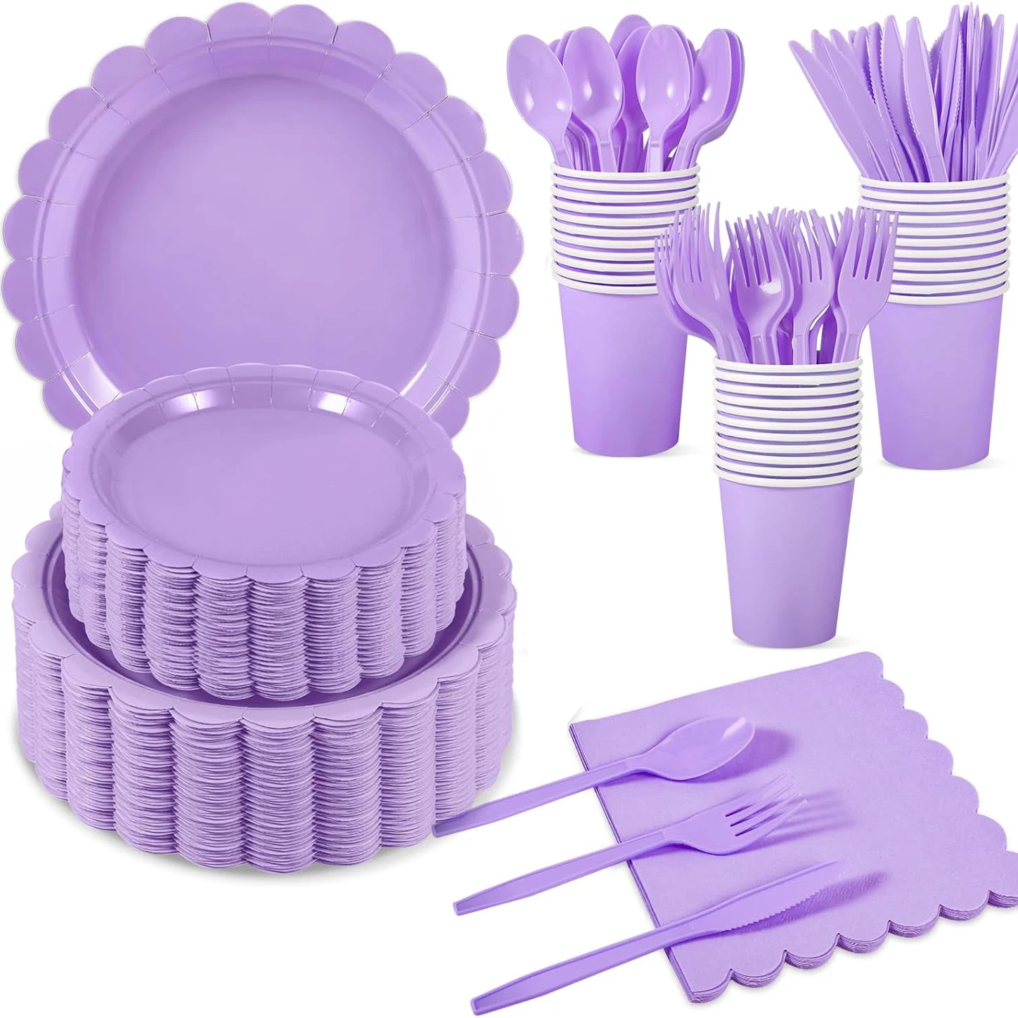 Suministro de fiesta de cumpleaños de color púrpura claro, vajilla desechable de lavanda, taza, plato, servilleta, mantel para decoración de cumpleaños y boda