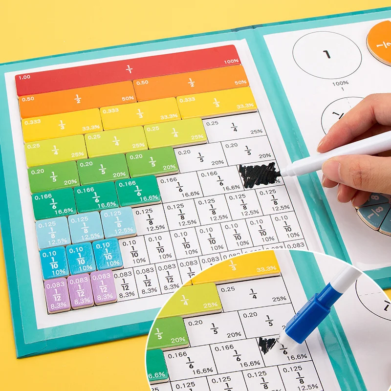 【Nice】Wooden Magnetic Fraction Puzzle Book - Partitioning Operations Demonstrator For Grade 3+ Math Learning