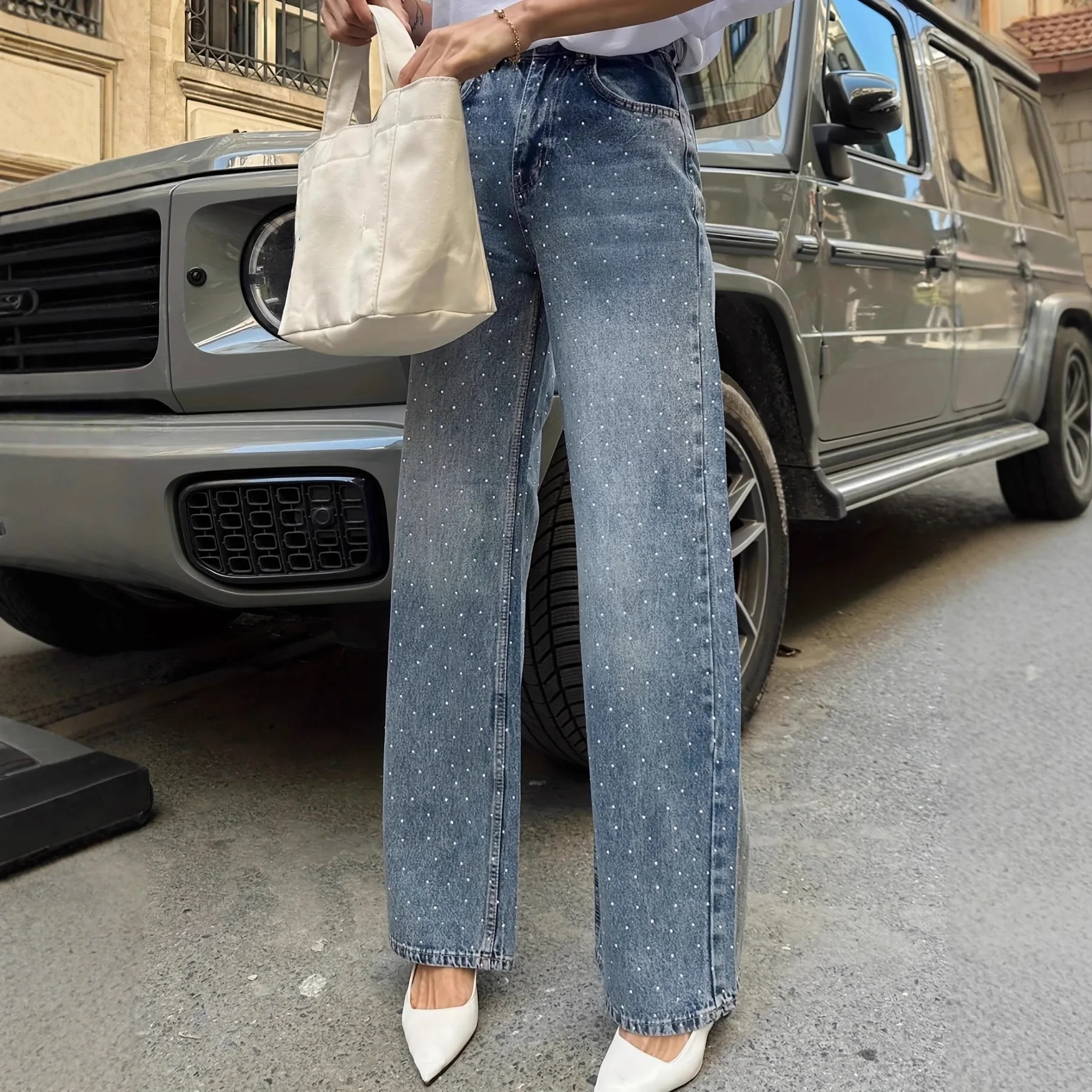 

Джинсы из стираного денима до щиколотки Джинсы женские прямые брюки с бриллиантами сращенные с высокой талией и карманами на молнии свободные повседневные осенние