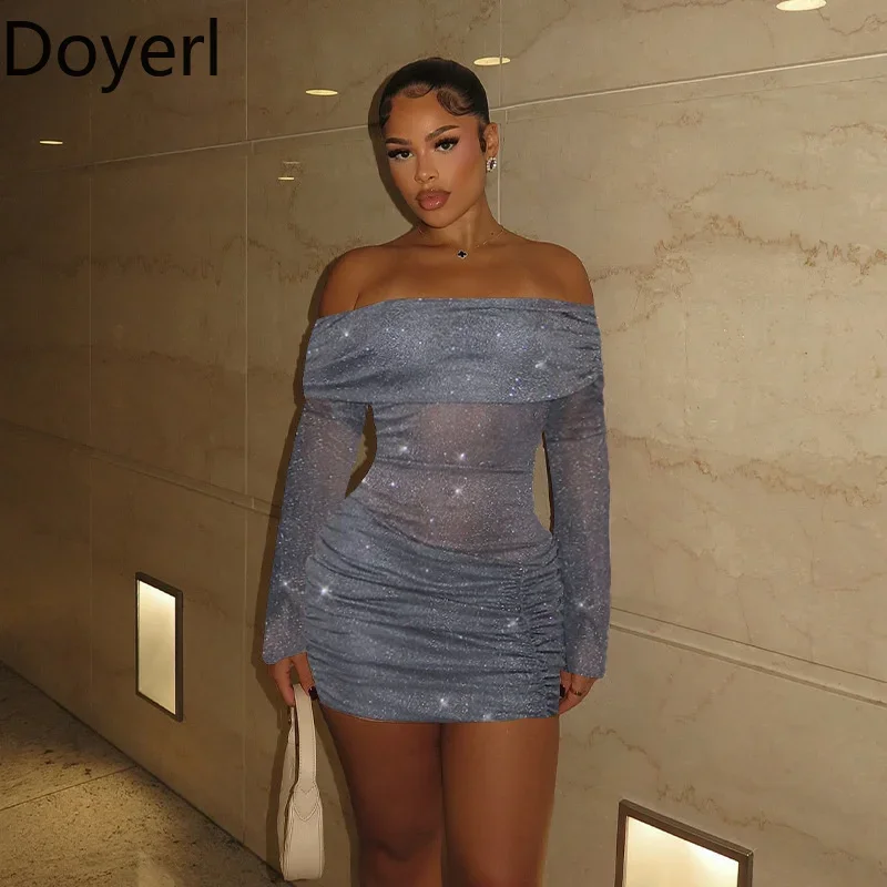 Doyerl Mini abito aderente a maniche lunghe Abbigliamento da club per donna Maglia trasparente con scollo a barchetta Increspato Slim Night Party Abiti corti Compleanno