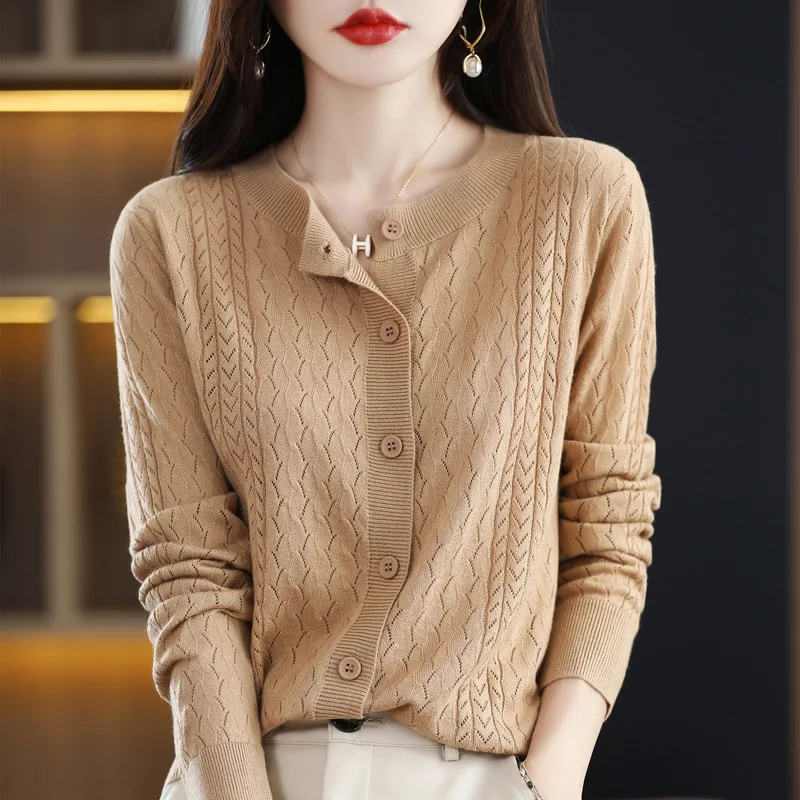 

2026 Autumn and Winter Cardigan Women's Short Jacket Loose Hollow Knitted Thin Sweater with Top