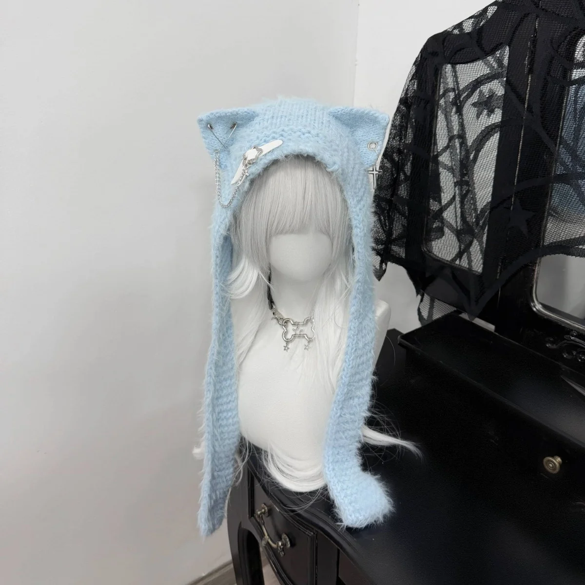 Original Harajuku Japanese Kawaii Cat Ear Hat With Scarf Women Girls Y2K Punk Cross Chain Leather Buckle Knitted Winter Warm Cap