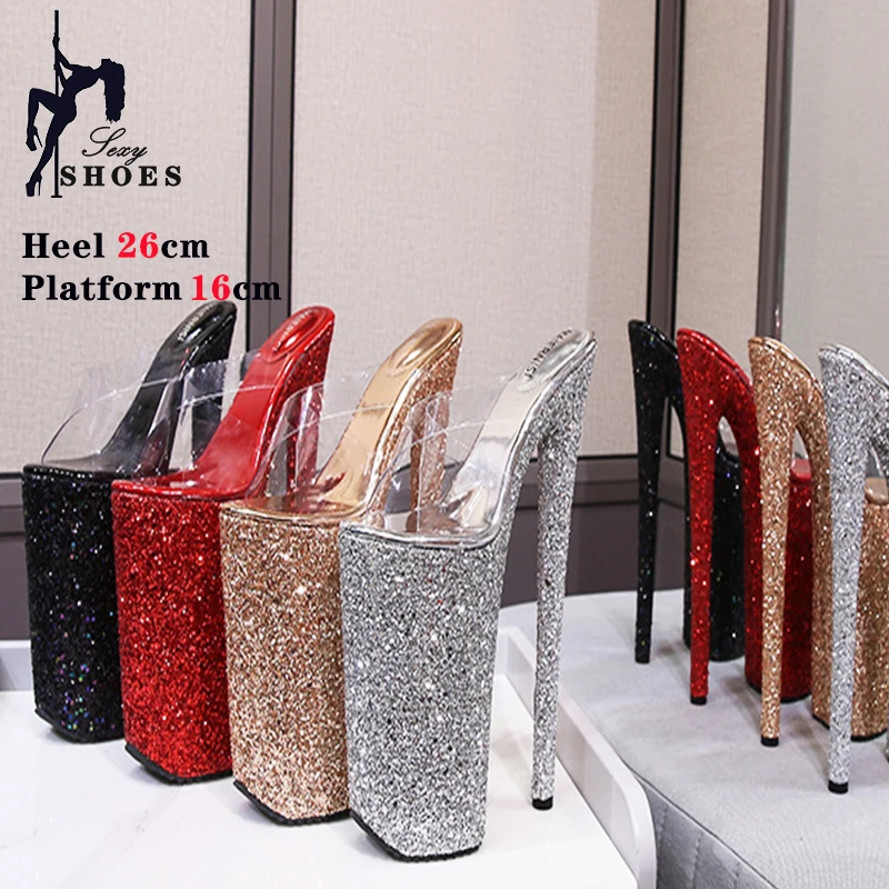 26CM/10Inchs Shiny Crystal PU High Heels Ultrahigh Heel Stripper Slippers Sandals Pole Dance Shoes Party Models Stage Show Shoes