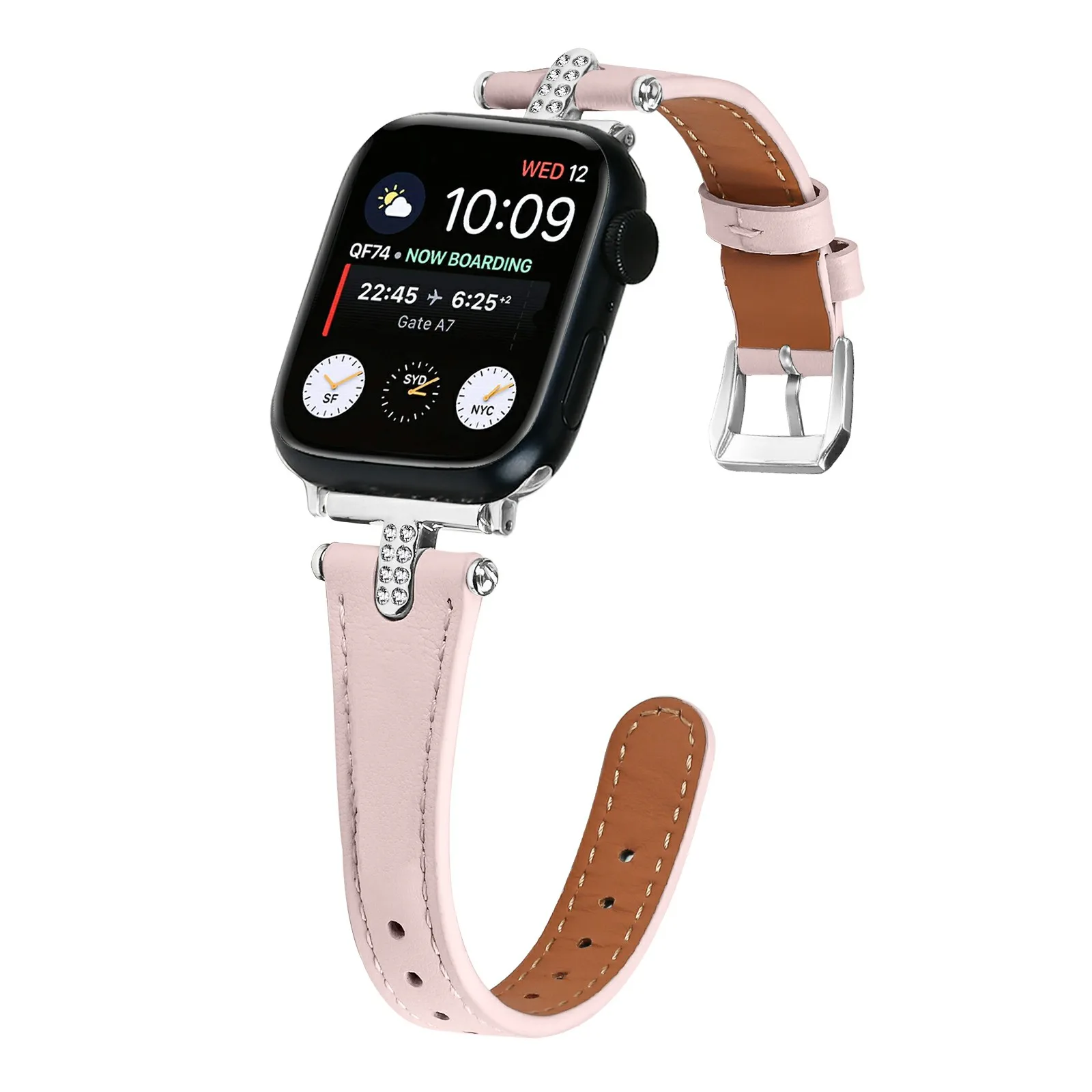 Watch Band For Apple Watch Series 11 10 42mm / 9 8 7 41mm / SE3 SE2 SE 6 5 4 40mm / 3 2 1 38mm , Genuine Cow Leather Rhinestone