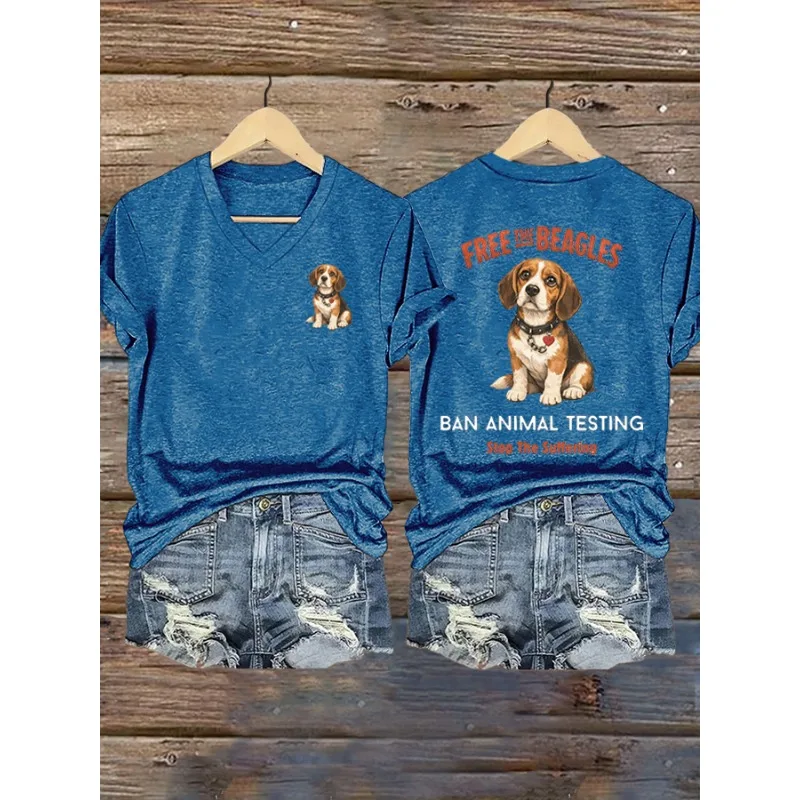 ilstile Women's Save The Beagles Dog Print T-Shirts Summer Short Sleeve Casual V Neck Tops Tees Black White Orange Blue T Shirt