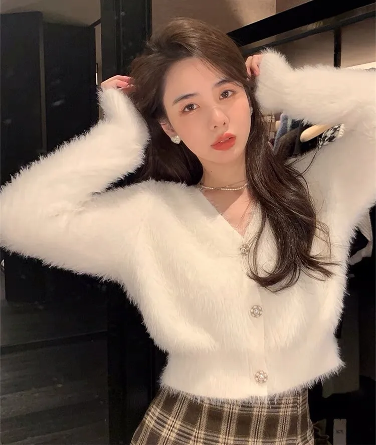 Korean Version Mink Fur Sweater Women's Lapel Short Soft Glutinous Autumn And Winter Thick Western-Style Diamond Buckle