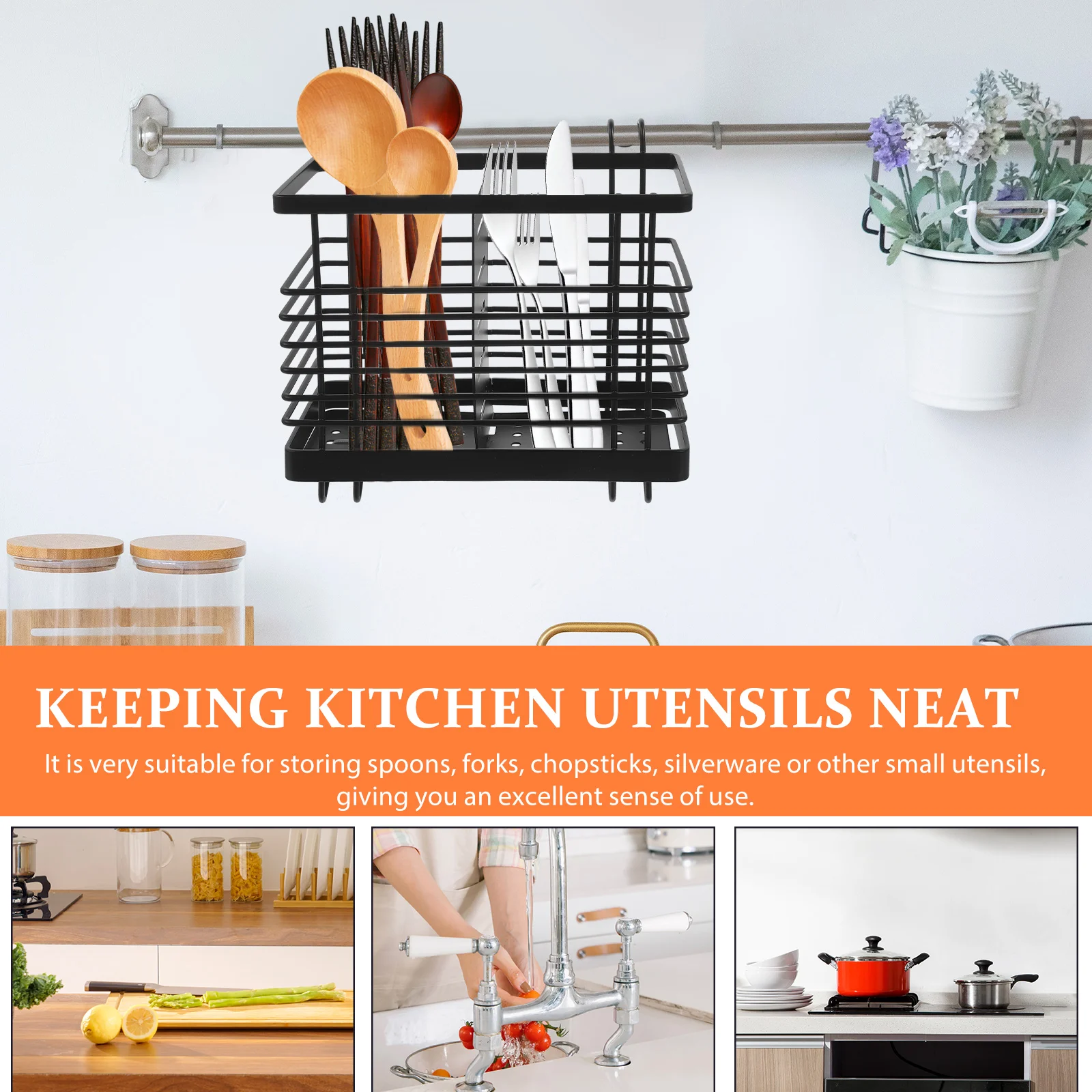 

Iron Chopstick Holder Kitchen Desktop Utensil Organizer Dual Use Chopsticks Basket Black Metal Cutlery Storage Rack