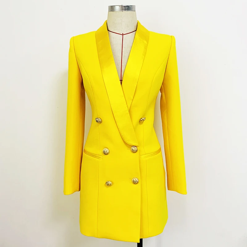 2023 HIGH QUALITY Newest Designer Long Blazer Lion Buttons Double Breasted Satin Shawl Collar Blazer Dress Fluorescent Yellow