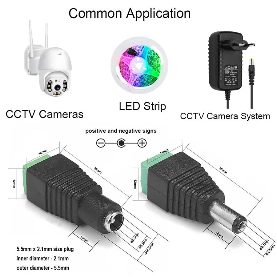 DC Masculino e Feminino Terminais Conector de Alimentação, Plug Adapter para Câmeras CCTV, Single Color LED Strip, 12V, 2,1 milímetros x 5,5 milímetros, 5050, 3528, 5Pcs