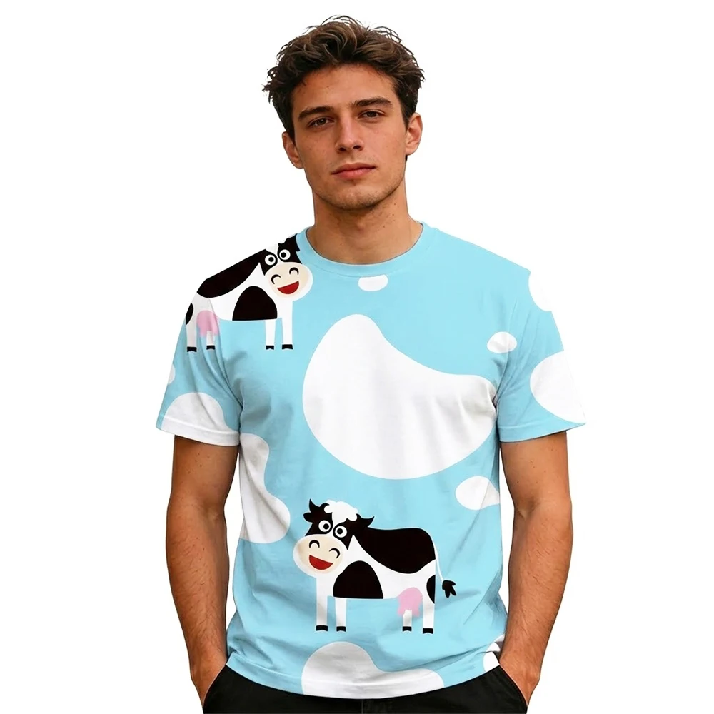 

Summer Fun Cow Print T-shirt Men's 3D Printed Cow Pattern Breathable Short-sleeved Top Cute Harajuku Children's Crew-neck Tops
